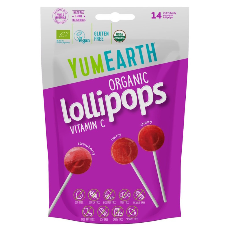 Lízátka YumEarth BIO s vit.C - jahoda, třešeň, lesní plody / 14 ks