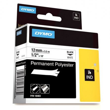 Pásky D1 polyesterové permanentní - 12 mm x 5,5 m / černý tisk / bílá páska