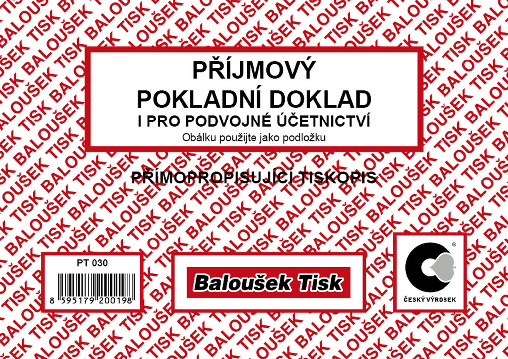 Příjmový pokladní doklad i pro podvojné účetnictví Baloušek A6 / nečíslovaný / 50 listů / NCR / PT030