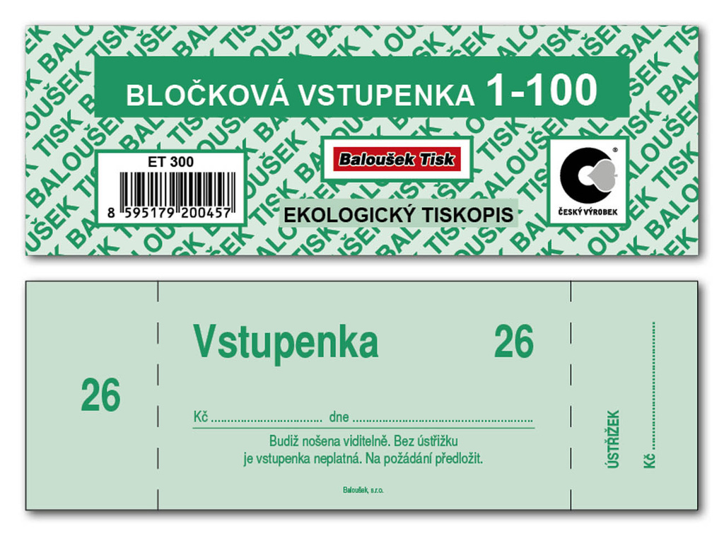 Bločkové vstupenky Baloušek 133 x 39 mm / 1-100 / 4 odstíny barev / ET300