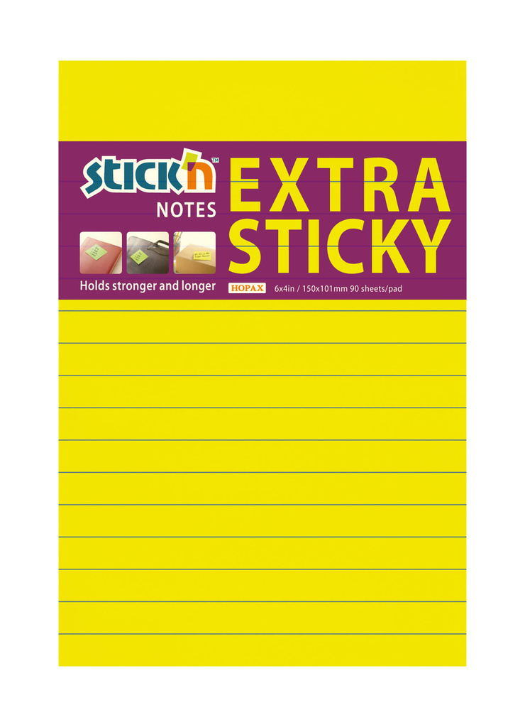 Samolepicí bločky Stick´n by Hopax Extra Sticky - 101 x 150 mm / linka / 90 lístků / neonová žlutá