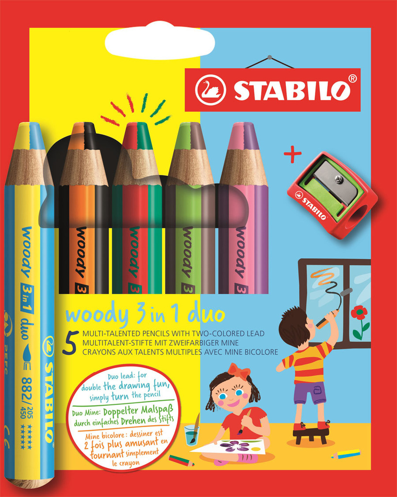 Pastelky STABILO woody 3 in 1 duo - 5 barev + ořezávátko