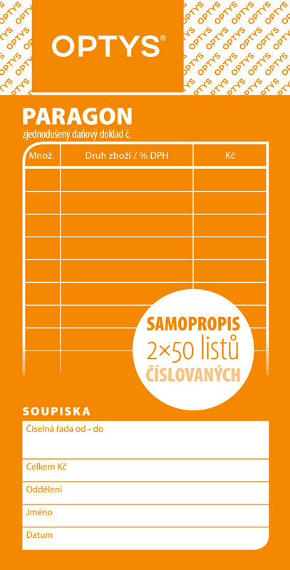 Optys 1089 paragon blok 75 mm x 150 mm číslovaný 2 x 50 listů NCR