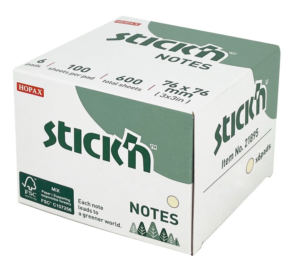 Samolepicí bločky Stick´n by Hopax FSC - 76 x 76 mm / 6 x 100 lístků / pastelově žlutá