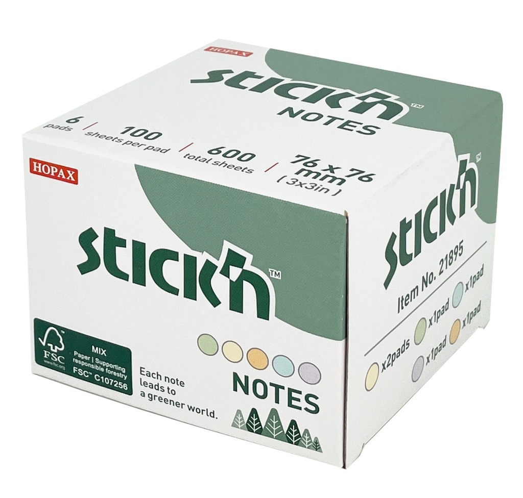 Samolepicí bločky Stick´n by Hopax FSC - 76 x 76 mm / 6 x 100 lístků / pastelové barvy
