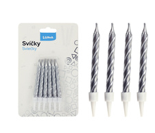 Svíčka dortová - stříbrná / 12 ks + stojánky