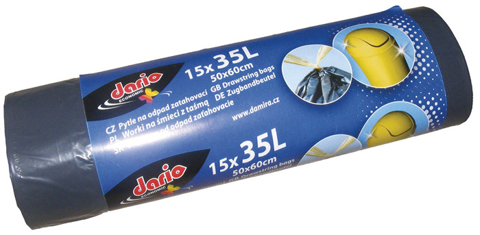 Pytle do koše Dario stahovací - 50x60cm / 35l / 17my / 15ks / černá