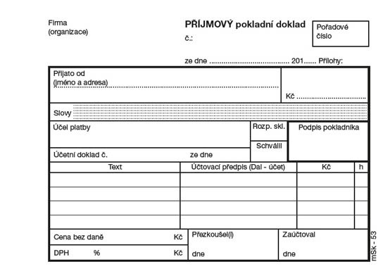 Příjmový pokladní doklad MSK - A6 / nečíslovaný + stvrzenka 2 x 50 listů NCR / 53