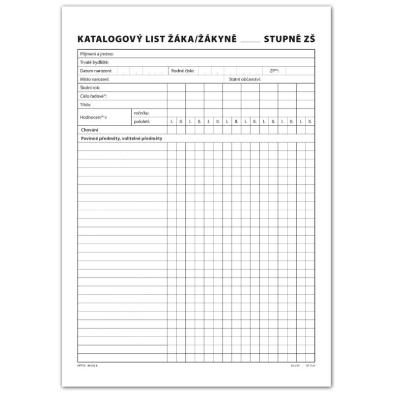 Katalogový list žáka univerzální pro 1. nebo 2. stupeň A4