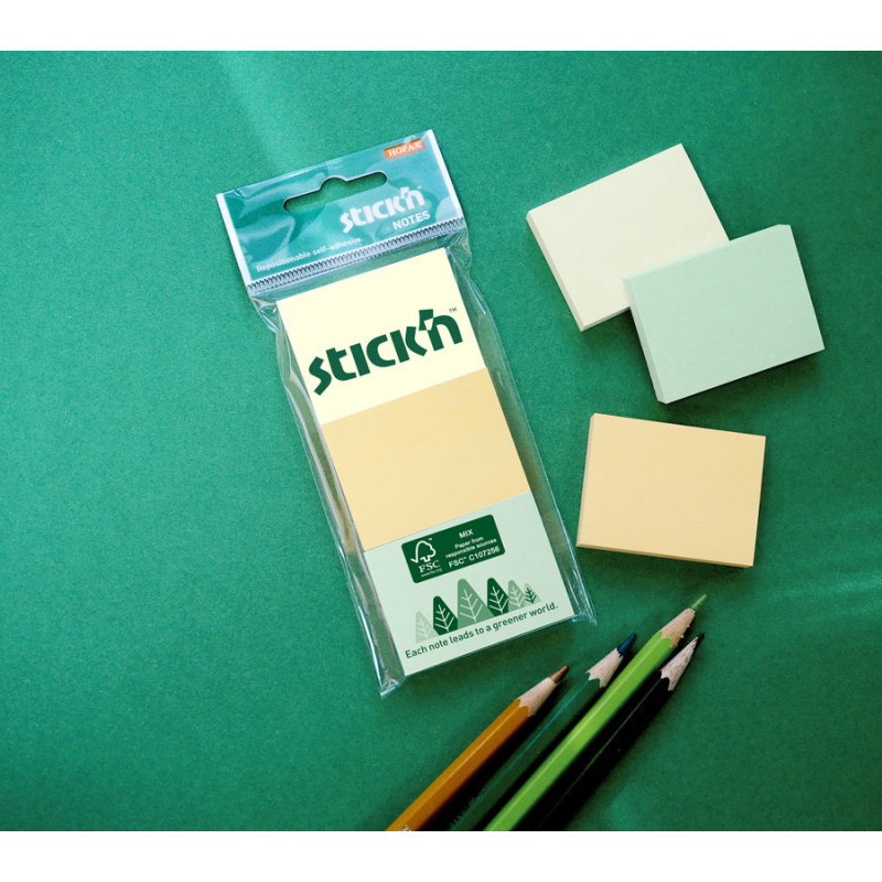 Samolepicí bločky Stick´n by Hopax FSC - 38 x 51 mm / 3 x 100 lístků / pastelové barvy