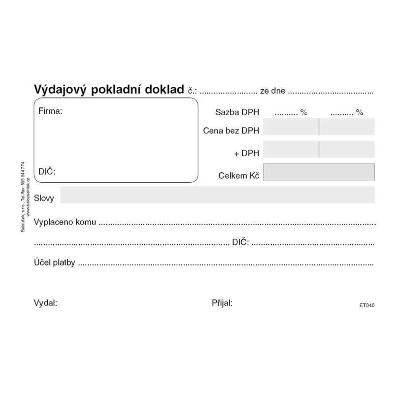 Výdajový pokladní doklad Baloušek A6 / nečíslovaný / 50 listů / ET040