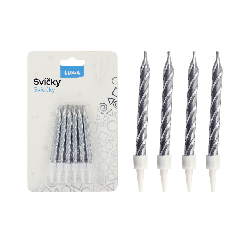 Svíčka dortová - stříbrná / 12 ks + stojánky