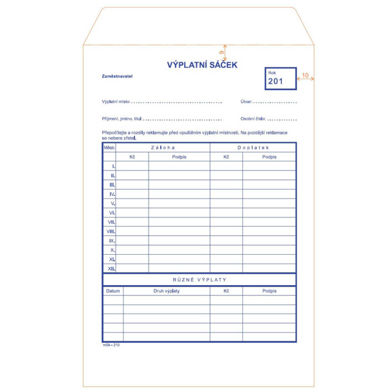 MSK 210 výplatní sáčky výplatní sáček