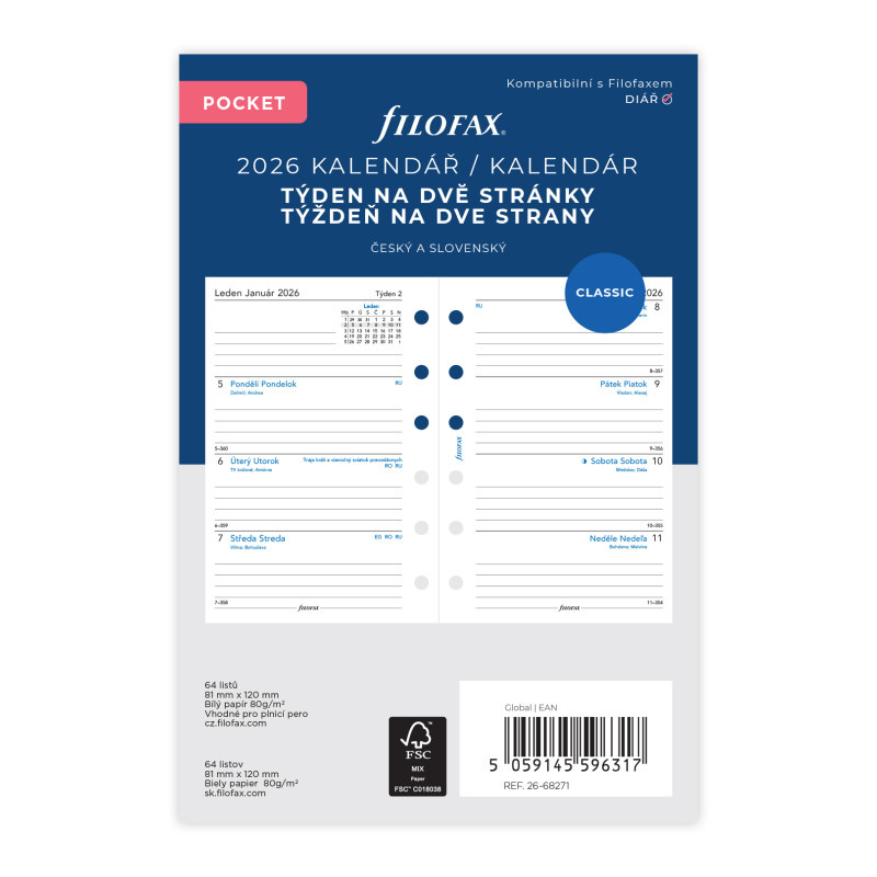 Náhradní vložka do diářů Filofax - kalendář kapesní týdenní / 2 strany