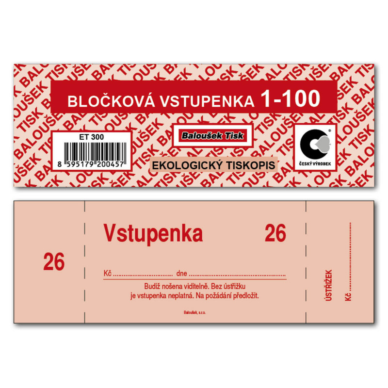 Bločkové vstupenky Baloušek 133 x 39 mm / 1-100 / 4 odstíny barev / ET300
