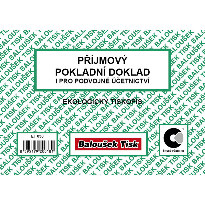 Příjmový pokladní doklad i pro podvojné účetnictví Baloušek A6 / nečíslovaný / 50 listů / ET030