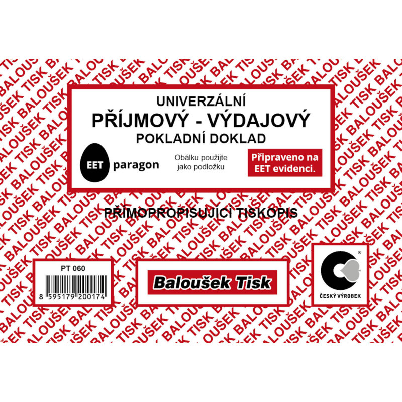 Univerzální příjmový a výdajový pokladní doklad Baloušek A6 / nečíslovaný / 50 listů / NCR / PT060