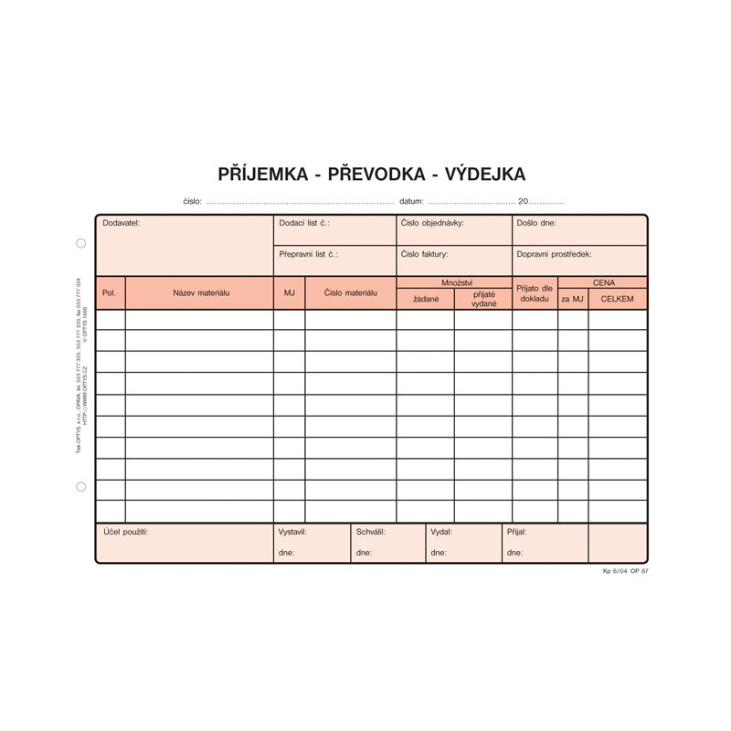 Optys 1087 příjemka - převodka - výdejka 100 listů NCR A5