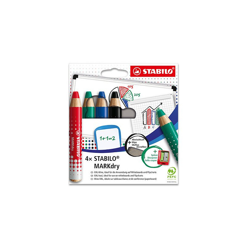 Suchý popisovač STABILO® MARKdry - sada 4 ks + hadřík + ořezávátko