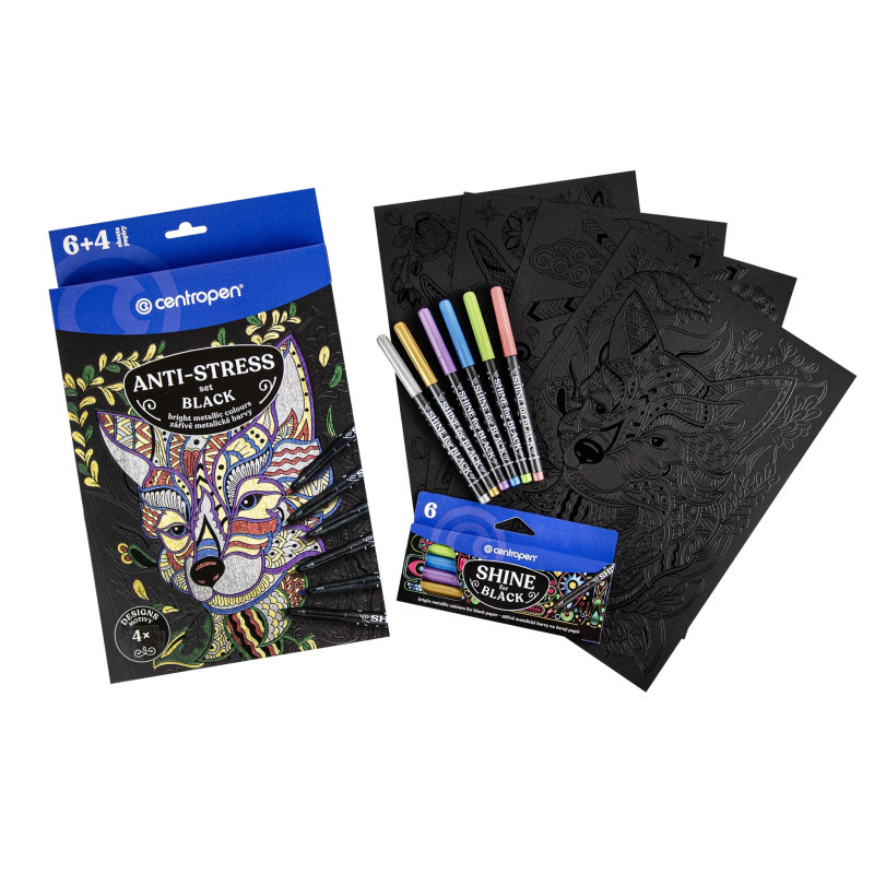 Omalovánky A4 - Antistress black 9390 + 6 ks popisovačů