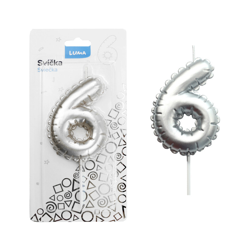 Svíčka dortová č. 6 - stříbrná