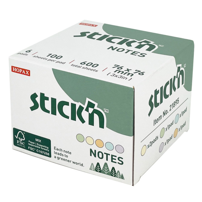 Samolepicí bločky Stick´n by Hopax FSC - 76 x 76 mm / 6 x 100 lístků / pastelové barvy