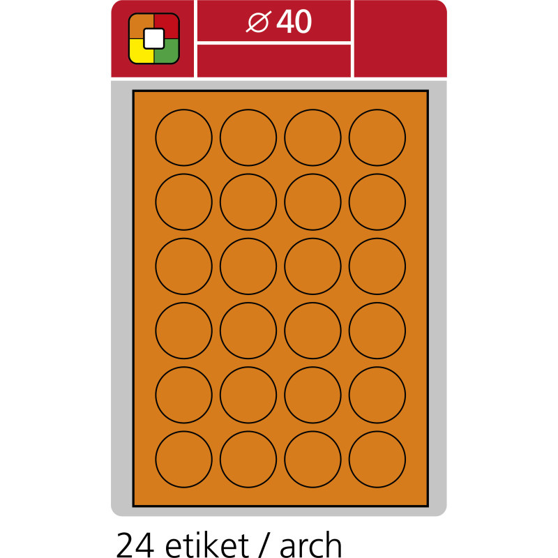 Print etikety A4 pro laserový tisk - fluorescentní - kulaté prům.40 mm ( 24 etiket / arch) fluorescentní oranžová