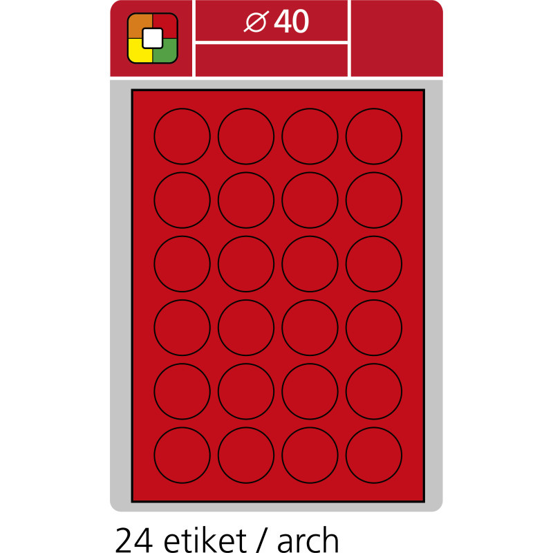Print etikety A4 pro laserový tisk - fluorescentní - kulaté prům.40 mm ( 24 etiket / arch) fluorescentní červená