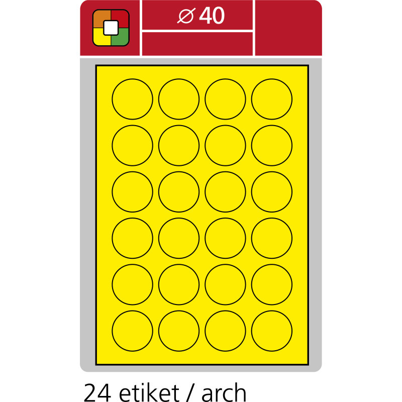 Print etikety A4 pro laserový tisk - fluorescentní - kulaté prům.40 mm ( 24 etiket / arch) fluorescentní žlutá