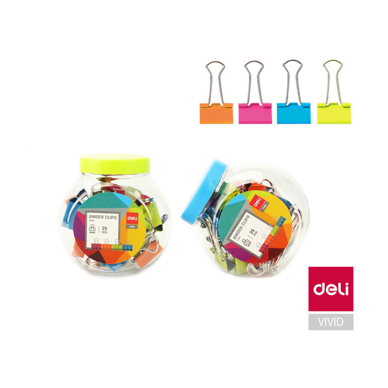 Klipy kovové barevné DELI - 19 mm / 25 ks / barevný mix