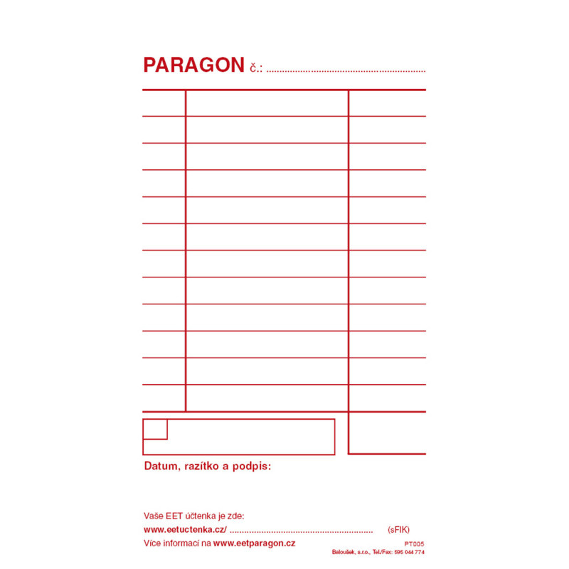 Paragon blok Baloušek 80 x 150 mm / nečíslovaný / 50 listů / NCR / PT005