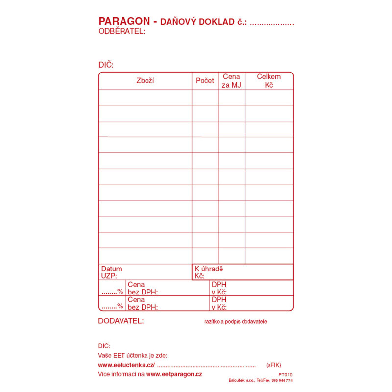Paragon daňový doklad blok Baloušek 80 x 150 mm / nečíslovaný / 50 listů / NCR / PT010