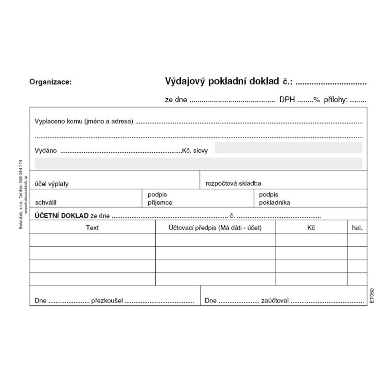 Výdajový pokladní doklad i pro podvojné účetnictví Baloušek A6 / nečíslovaný / 50 listů / ET050