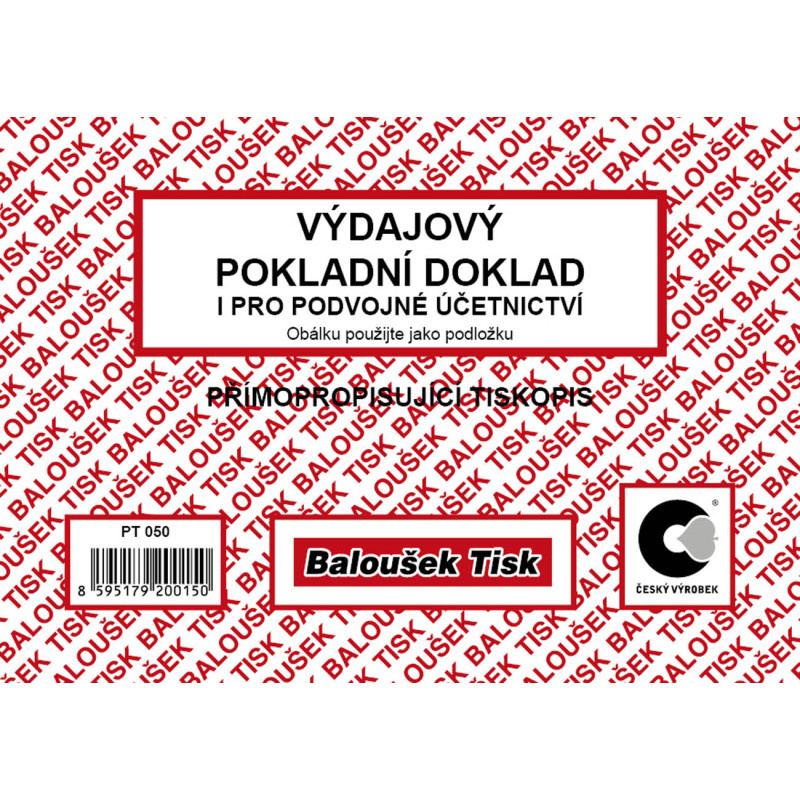 Výdajový pokladní doklad i pro podvojné účetnictví Baloušek: A6 / nečíslovaný / 50 listů / NCR / PT050