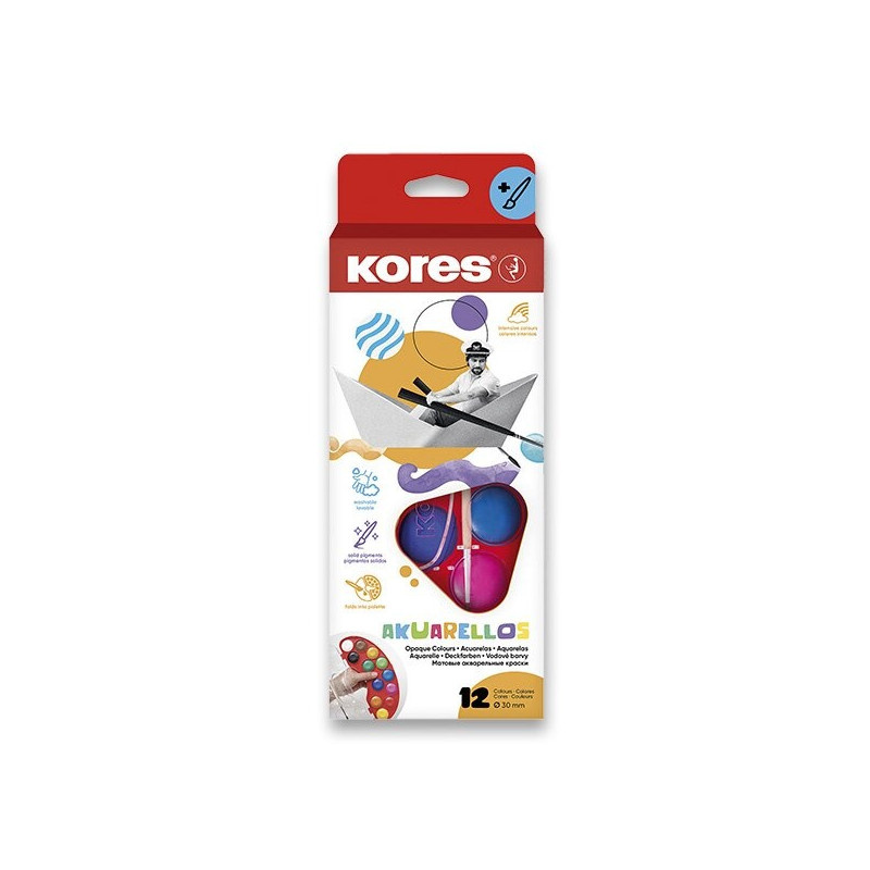 Vodové barvy Kores Akuarellos - 12 barev / průměr 30 mm + štětec