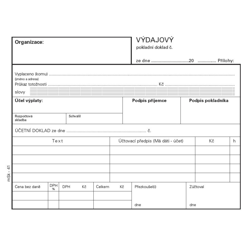 MSK 41 výdajový pokladní doklad nečíslovaný 100 listů NCR A6