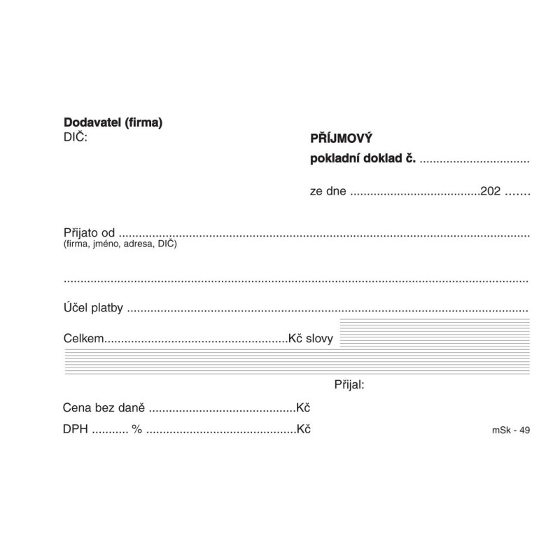 MSK 7400049 příjmový pokladní doklad nečíslovaný 100 listů NCR A6