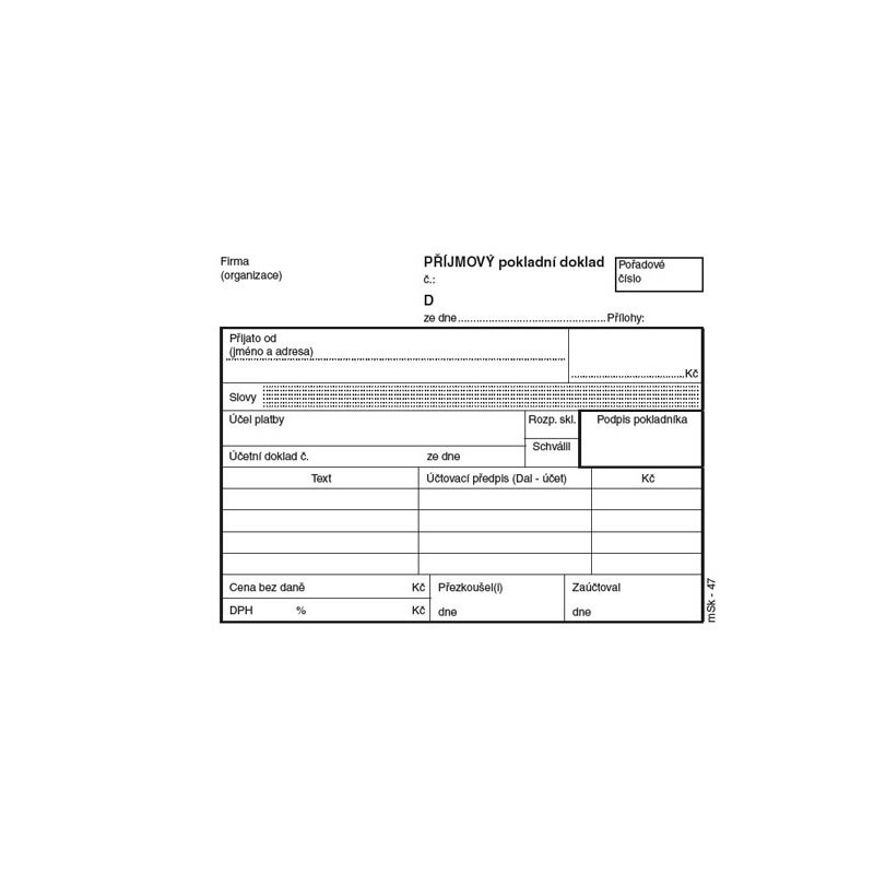 MSK 47 příjmový pokladní doklad číslovaný + stvrzenka 2 x 50 listů NCR A6
