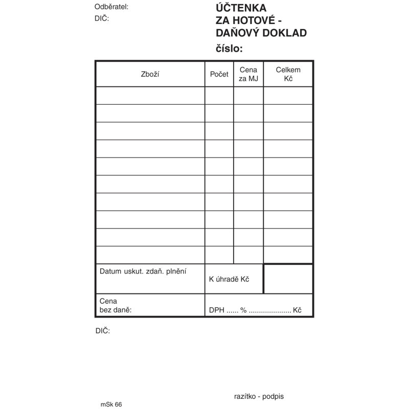 MSK 7400065 účtenka za hotové nečíslovaná 100 listů NCR