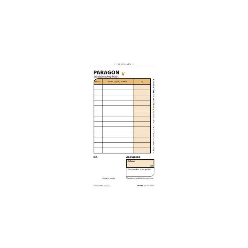 Optys 1089 paragon blok 75 mm x 150 mm číslovaný 2 x 50 listů NCR