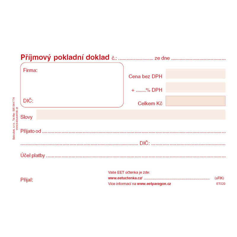 Příjmový pokladní doklad Baloušek A6 / nečíslovaný / 50 listů / ET020