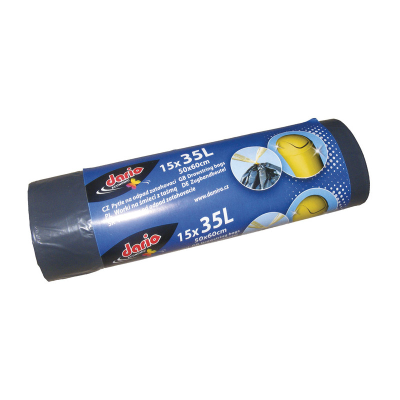 Pytle do koše Dario stahovací - 50x60cm / 35l / 17my / 15ks / černá