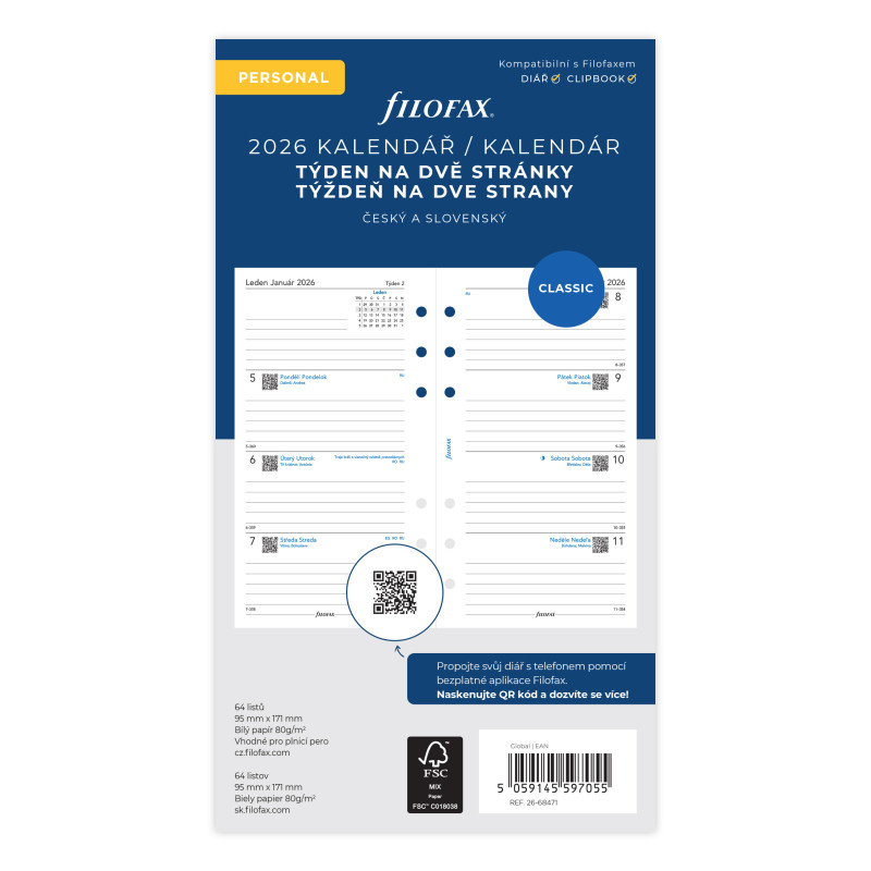 Náhradní vložka do diářů Filofax - kalendář osobní týdenní / 2 strany