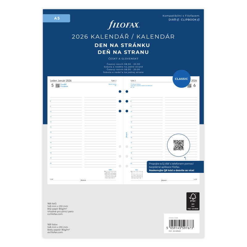 Náhradní vložka do diářů Filofax - kalendář A5 / denní