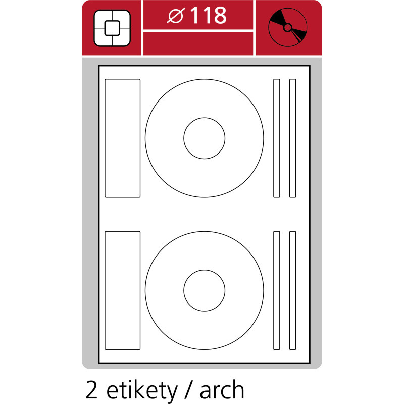 Print etikety A4 pro laserový a inkoustový tisk - průměr 118 mm (2 etikety / arch) na CD