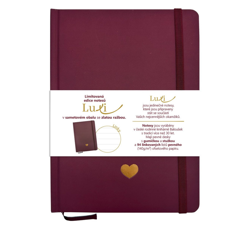 Blok Luxi A5 - linka / 96 listů / bordó srdce