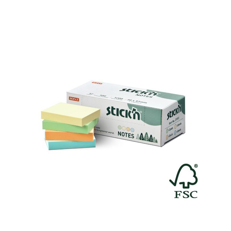 Samolepicí bločky Stick´n by Hopax FSC - 38 x 51 mm / 12 x 100 l / mix pastel