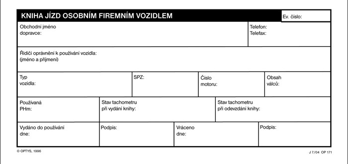 Optys 1171 kniha jízd osobního firemního vozidla 32 listů 1/3 A4