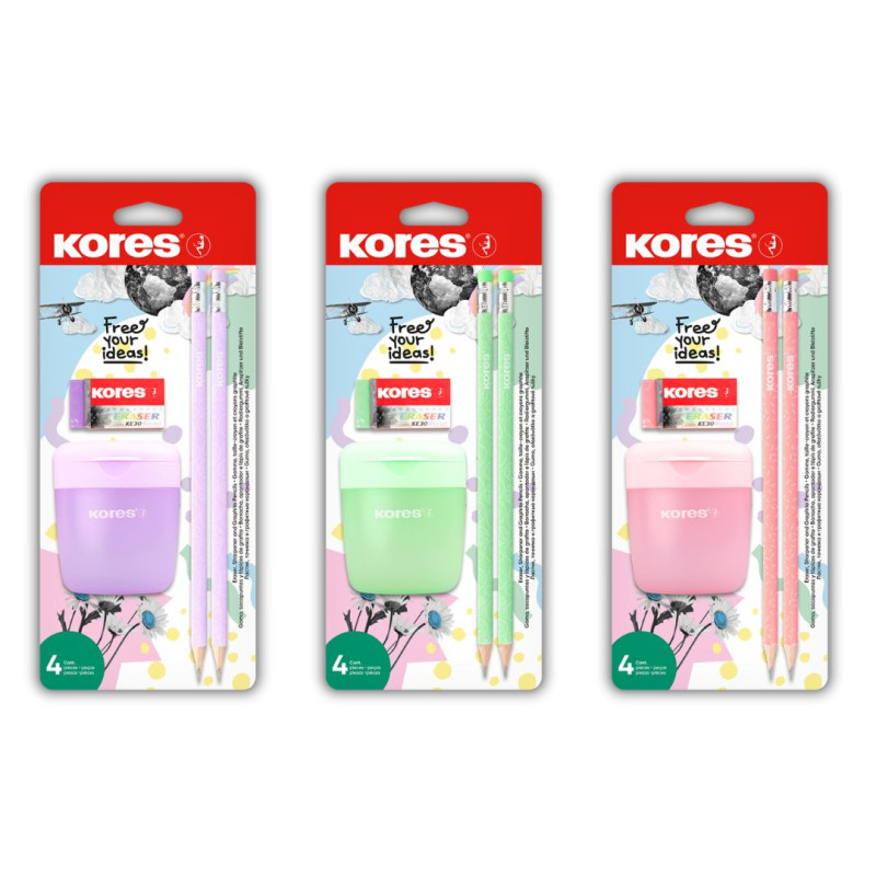Sada Kores Pastel SET – ořezávátko, tužky, pryž / mix barev