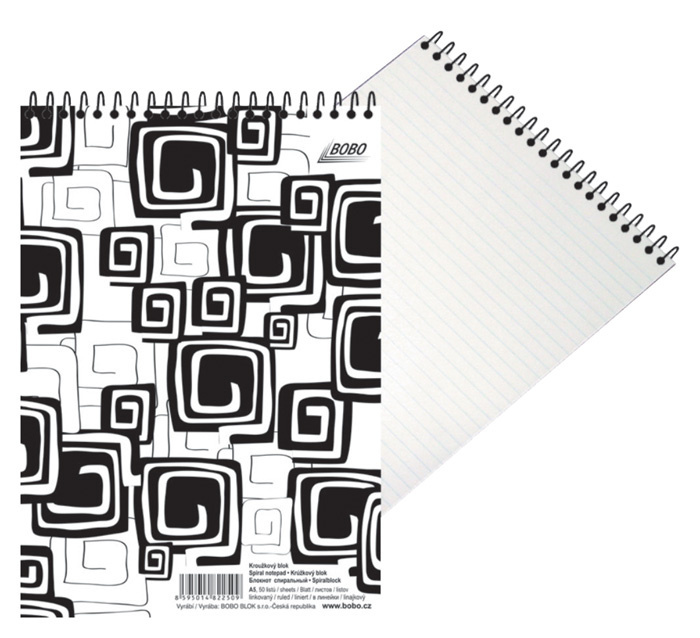 Blok BOBO Black & White se spirálou - A5 / linka / horní spirála